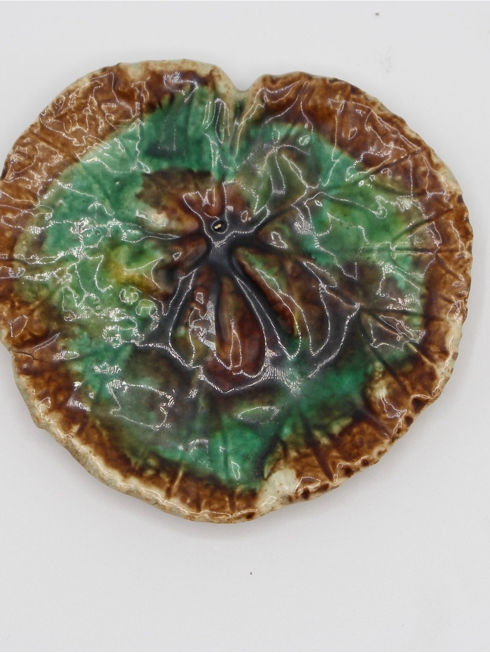 Antique Majolica Begonia or Geranium Leaf Butter Pat, Late 19th Century